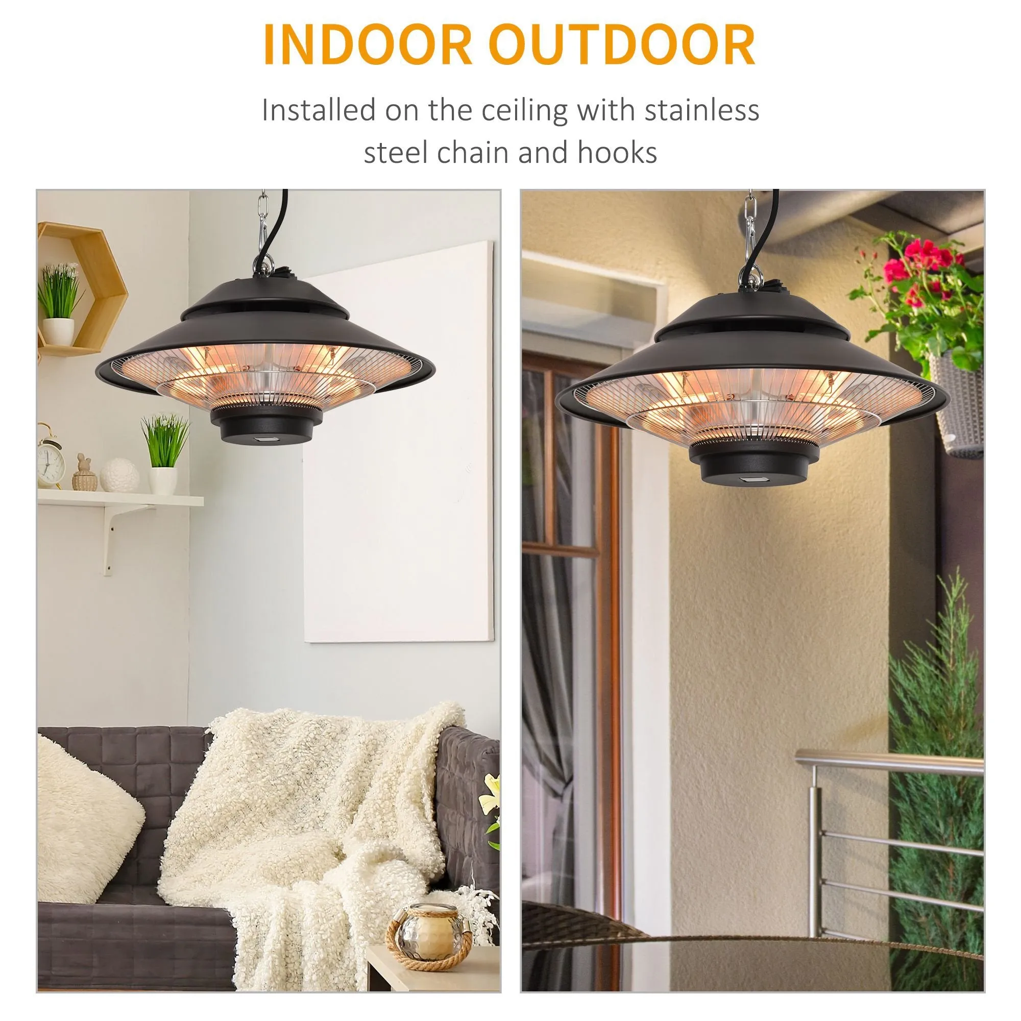 1500W Electric Patio Heater Hanging Heater w/ Remote Control for Outdoor Indoor