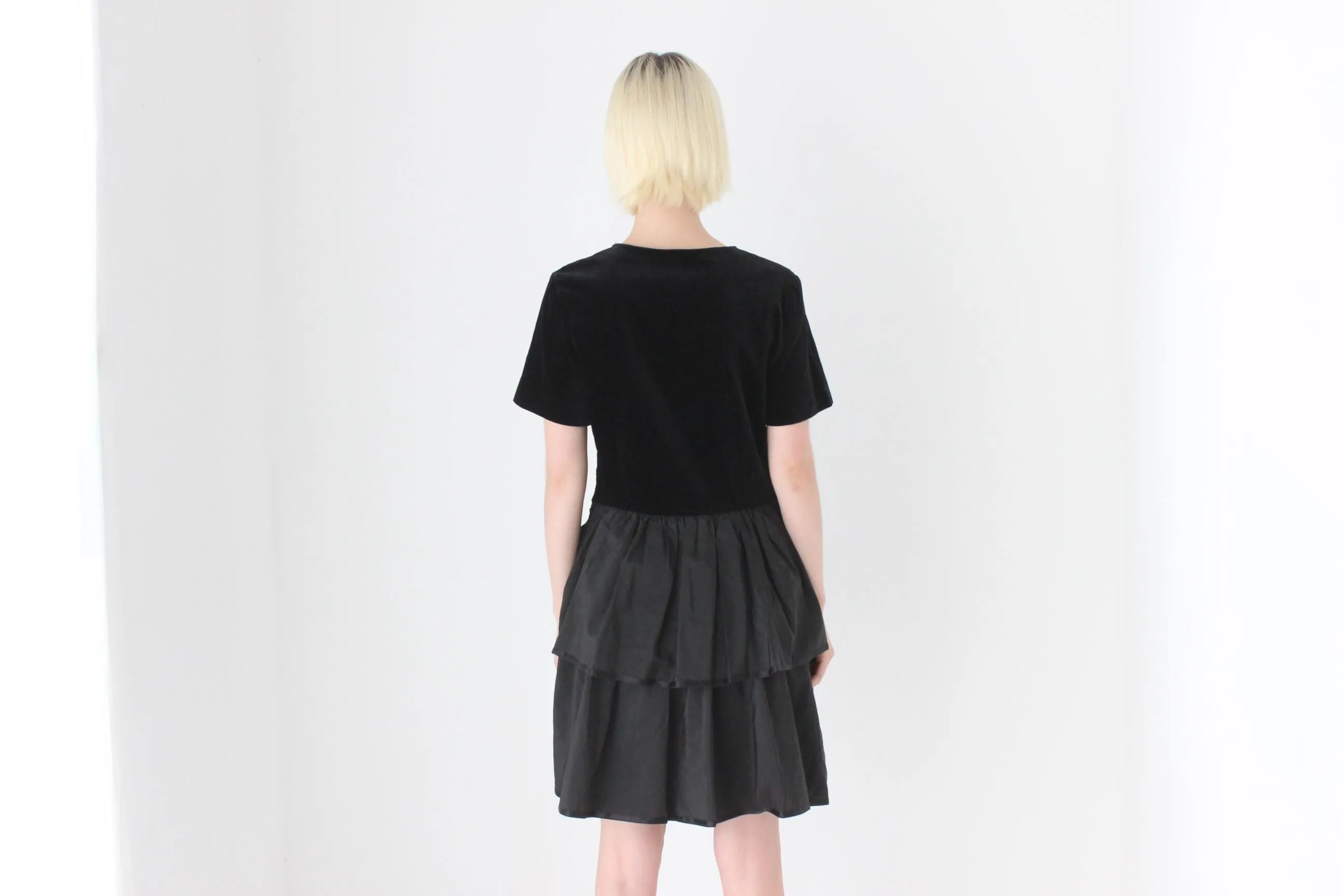 80s Italian Vintage Velvet & Taffeta Ruffle Dress