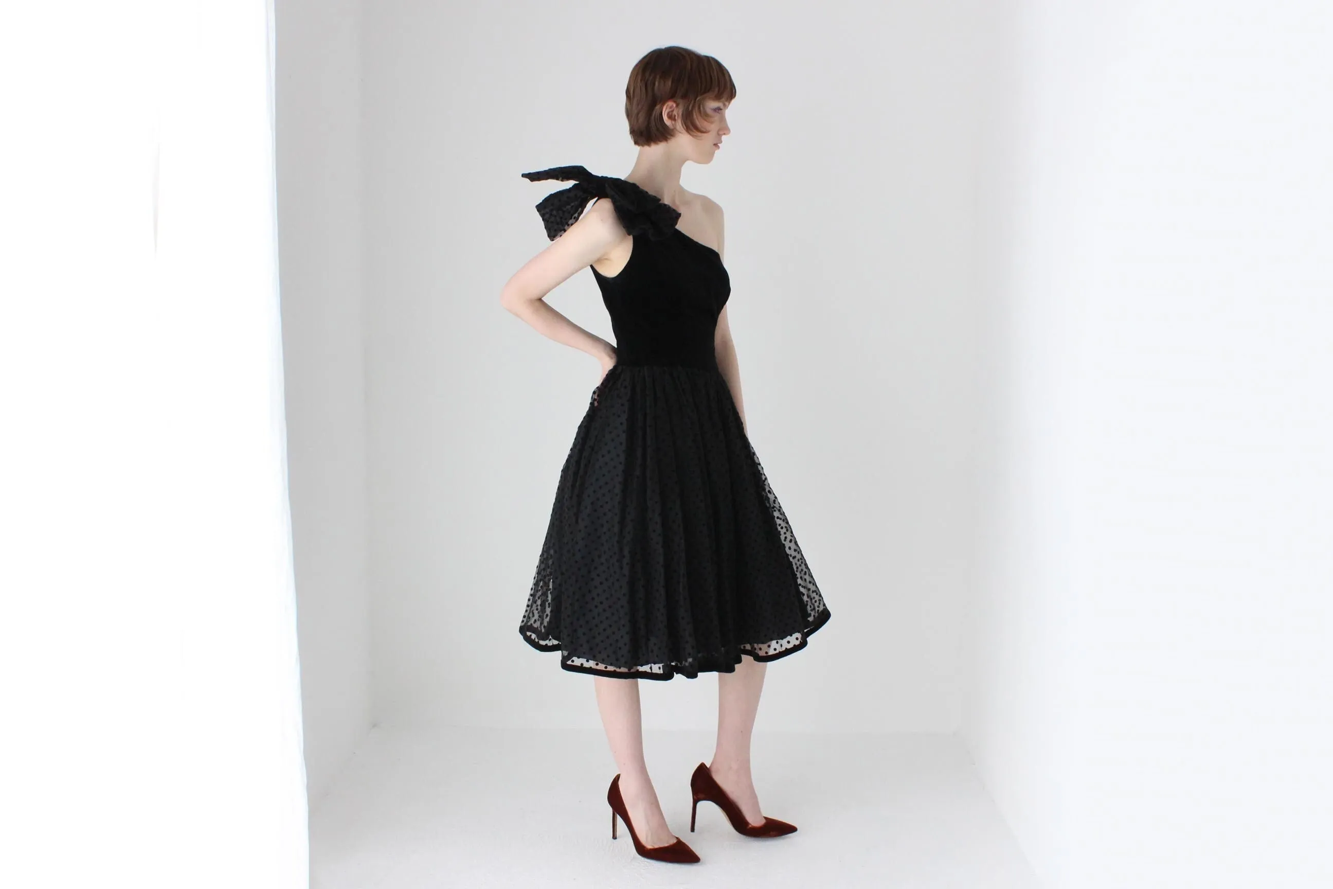 80s One Shoulder Velvet & Polka Dot Tulle Party Dress