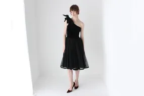80s One Shoulder Velvet & Polka Dot Tulle Party Dress