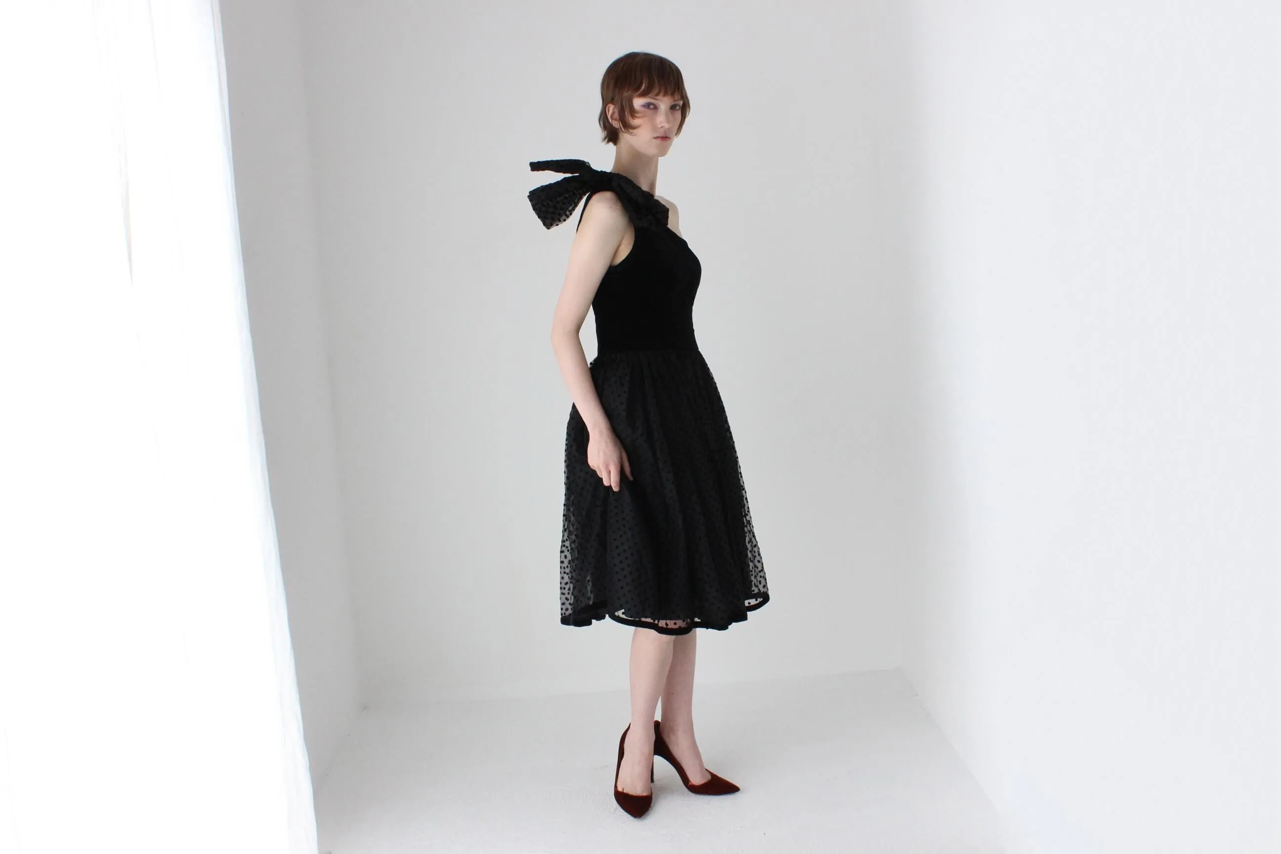 80s One Shoulder Velvet & Polka Dot Tulle Party Dress