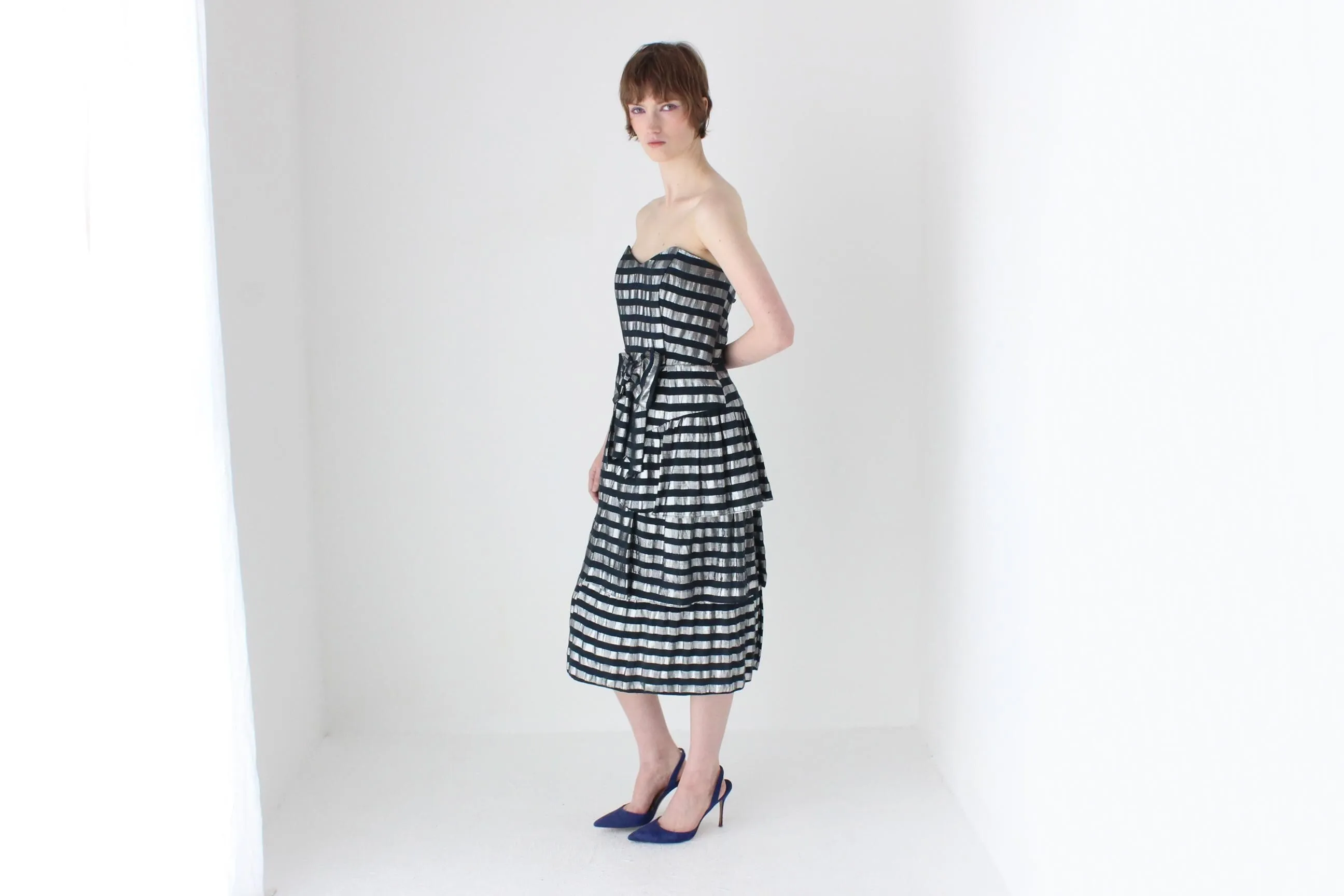 80s Silver Metallic Striped Lamé Bustier Ruffle Dress
