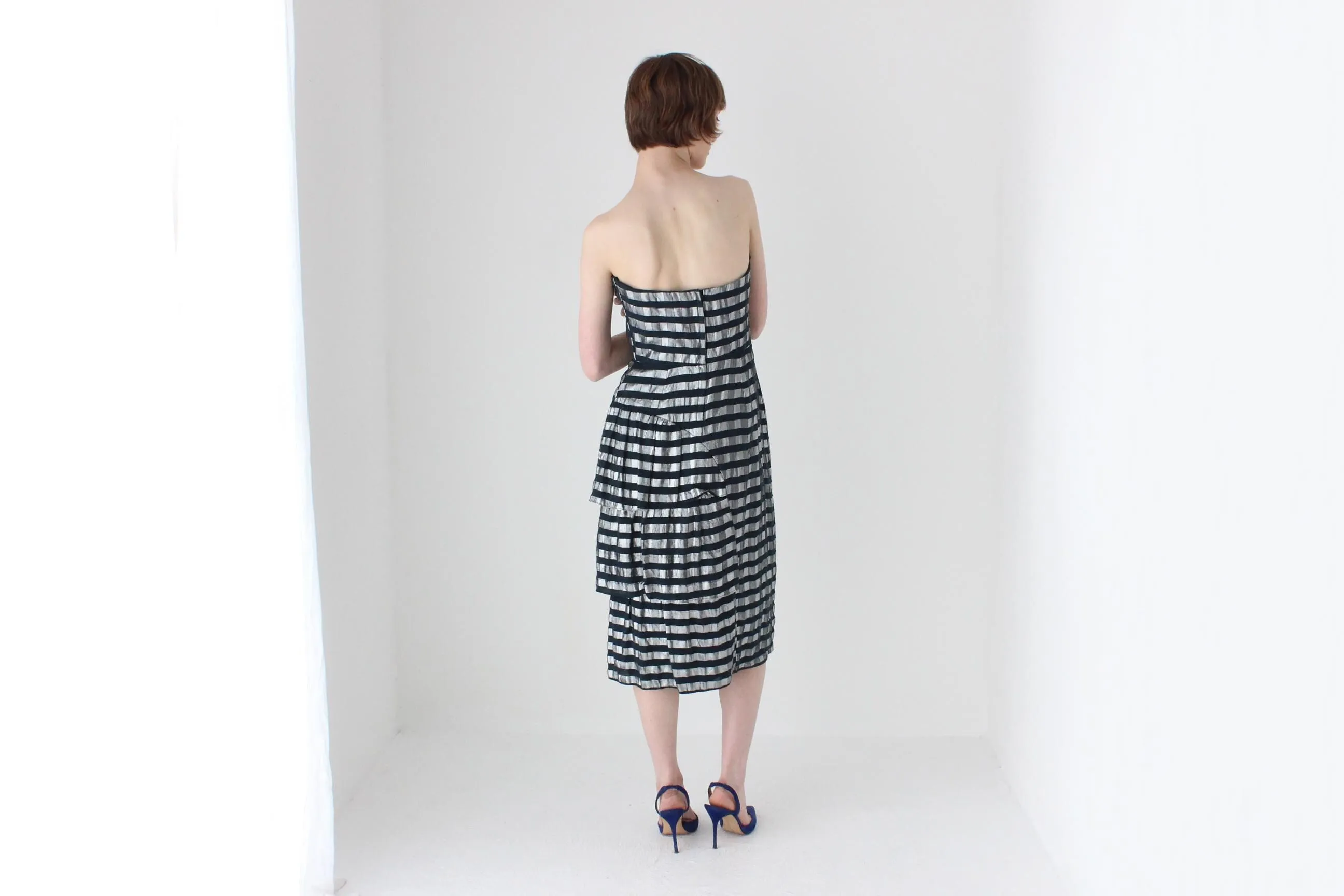 80s Silver Metallic Striped Lamé Bustier Ruffle Dress