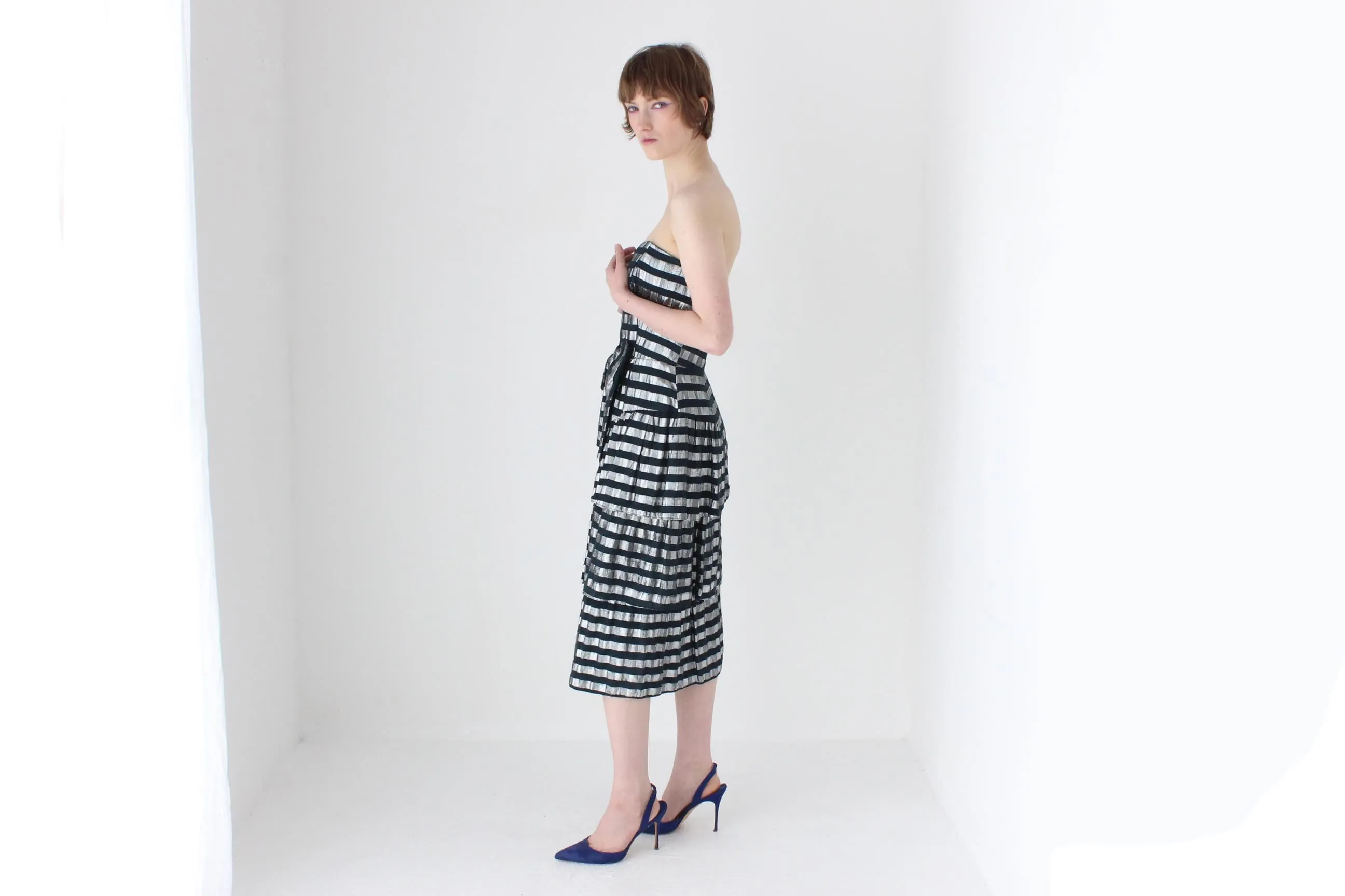 80s Silver Metallic Striped Lamé Bustier Ruffle Dress