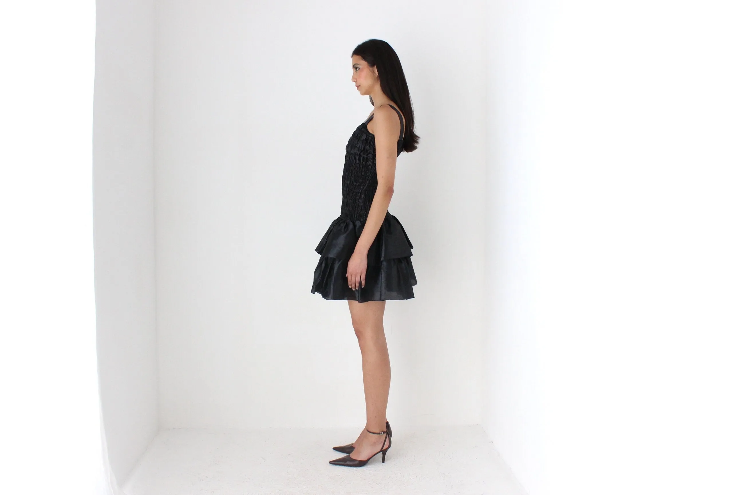 80s Spanish Origami Puff Ruffle Metallic Black Mini Dress