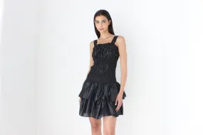 80s Spanish Origami Puff Ruffle Metallic Black Mini Dress
