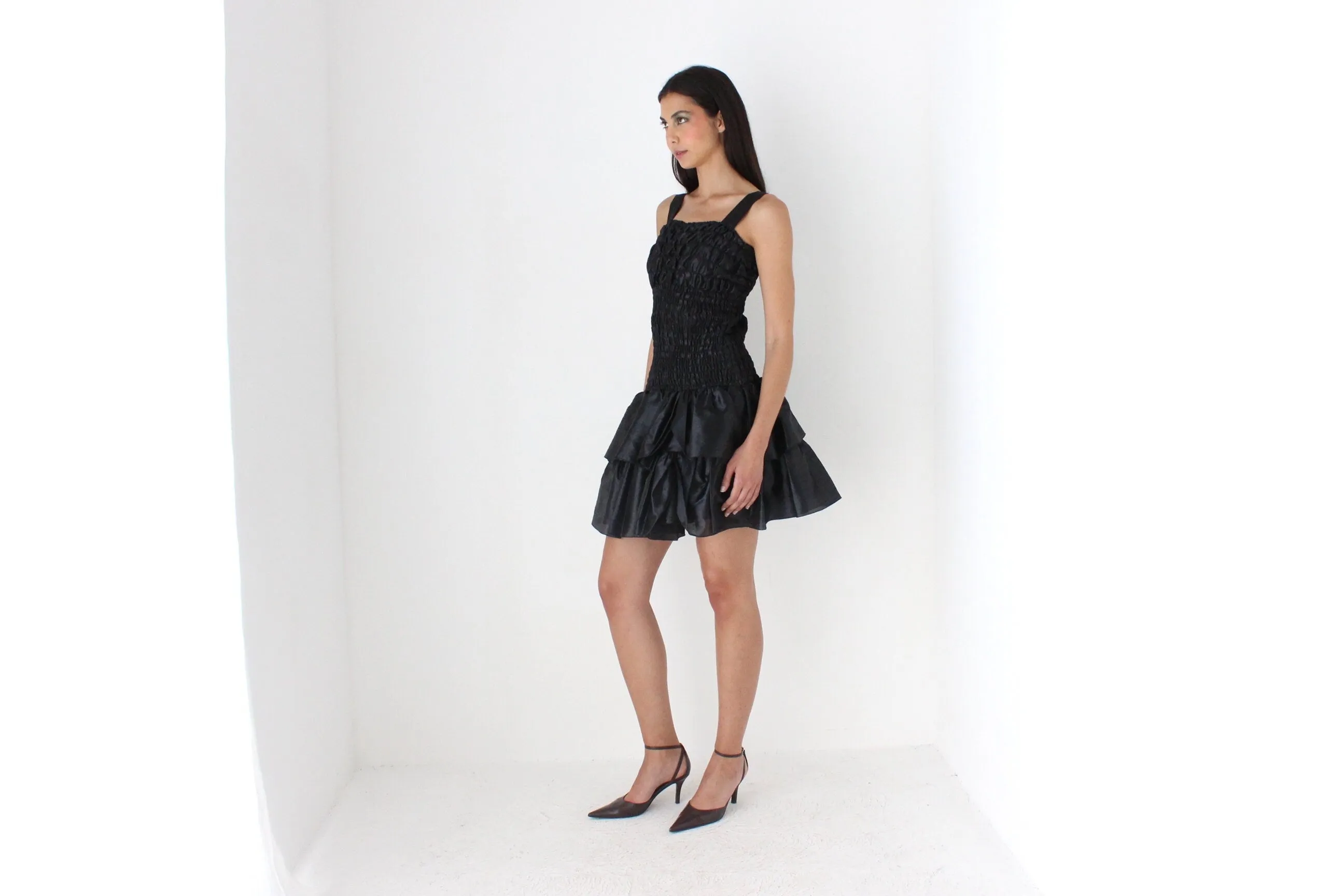 80s Spanish Origami Puff Ruffle Metallic Black Mini Dress