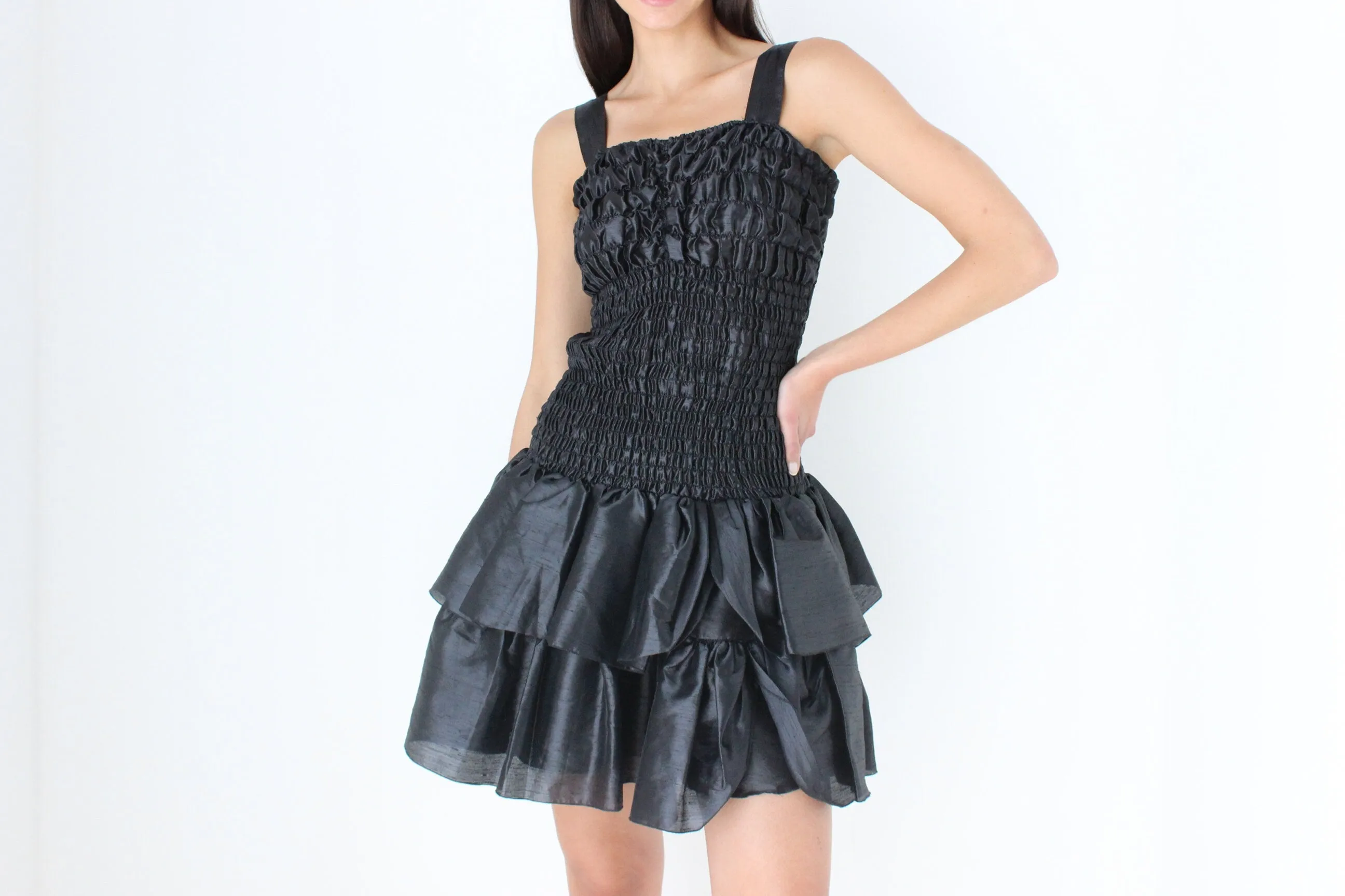 80s Spanish Origami Puff Ruffle Metallic Black Mini Dress