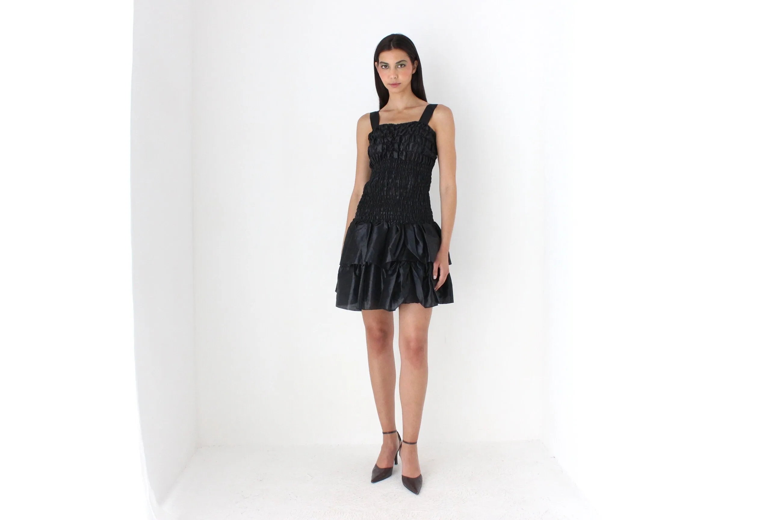 80s Spanish Origami Puff Ruffle Metallic Black Mini Dress