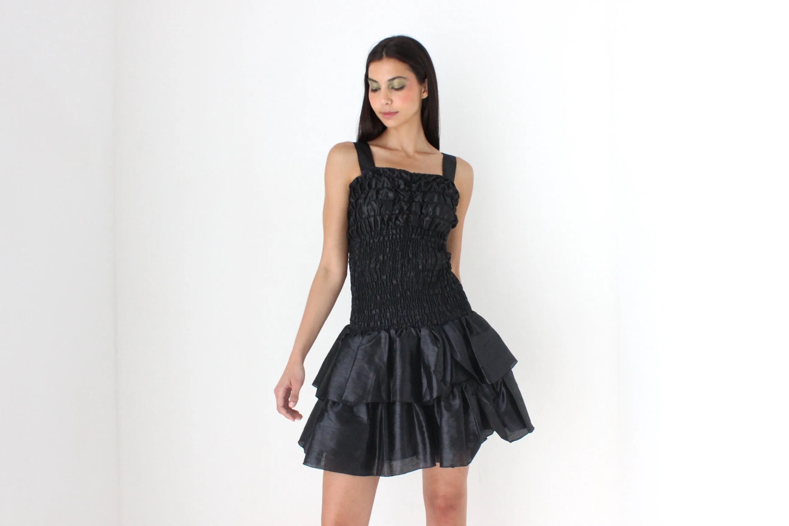 80s Spanish Origami Puff Ruffle Metallic Black Mini Dress