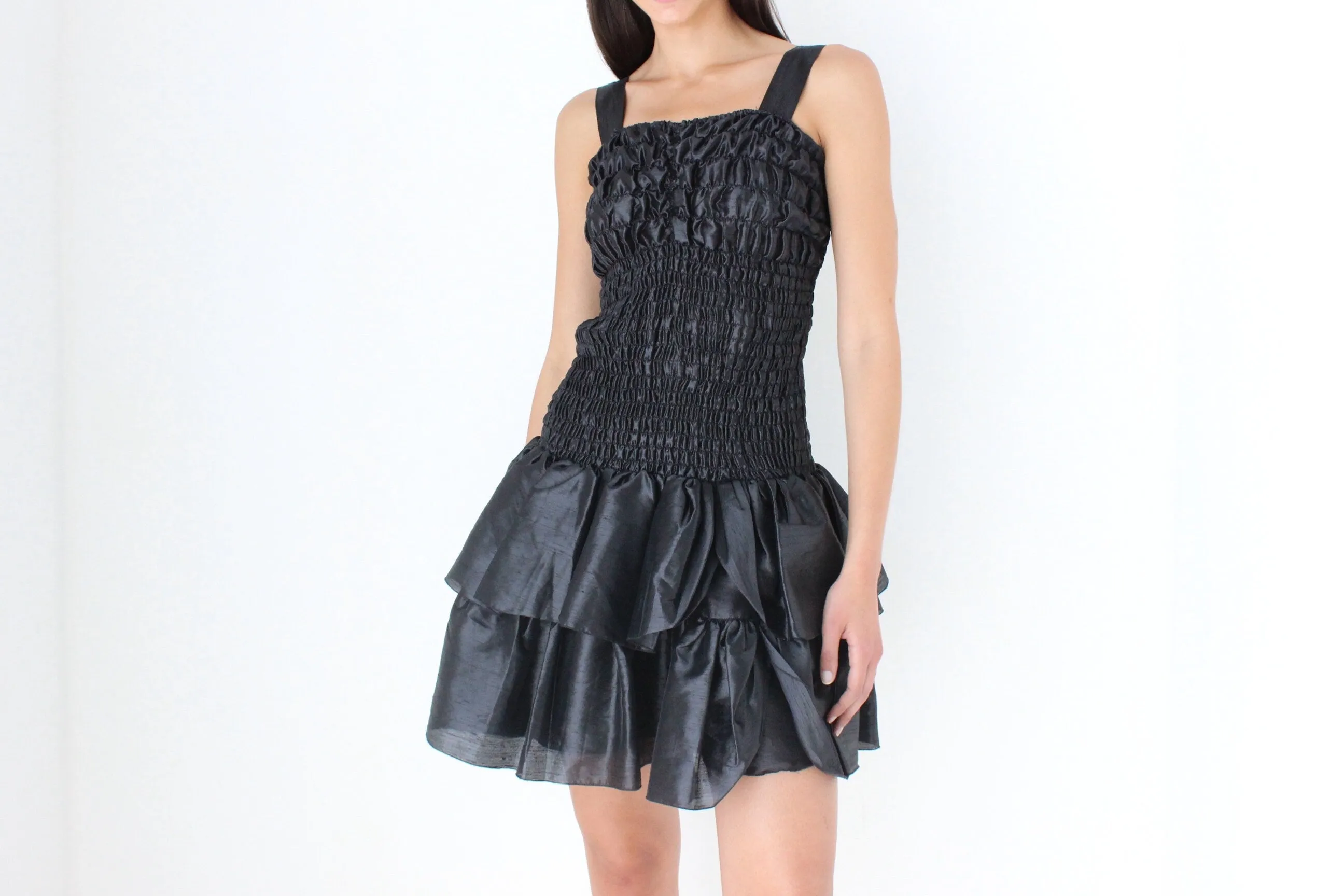 80s Spanish Origami Puff Ruffle Metallic Black Mini Dress
