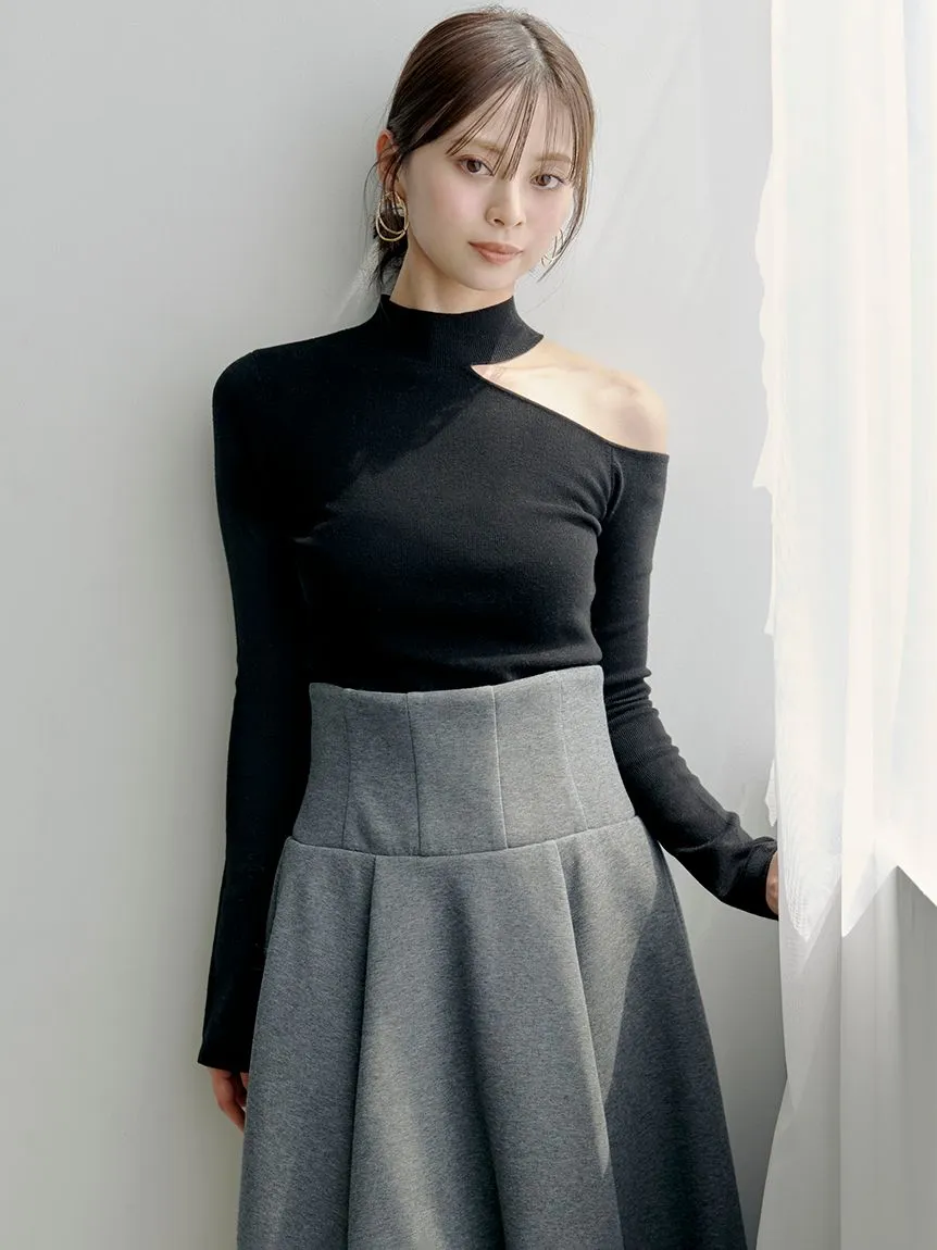 Asymmetrical High-Neck Shoulder Knit Top