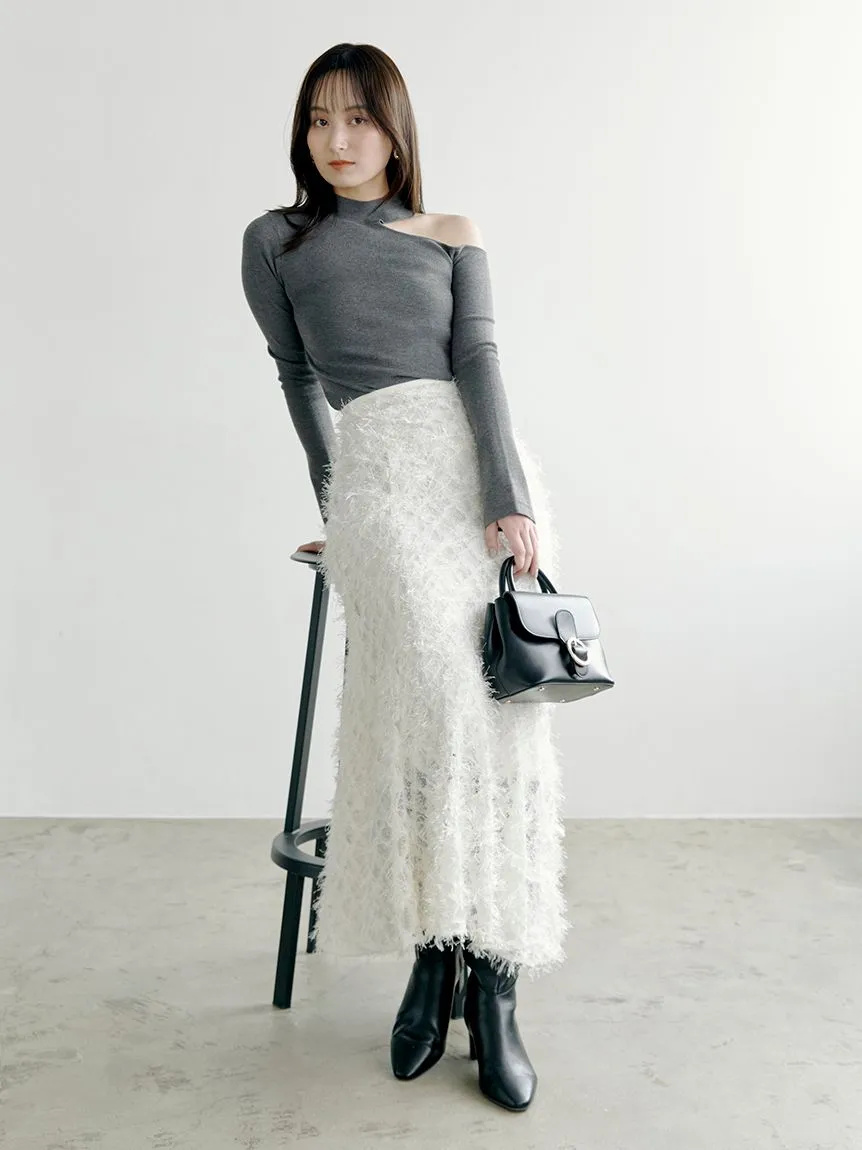 Asymmetrical High-Neck Shoulder Knit Top