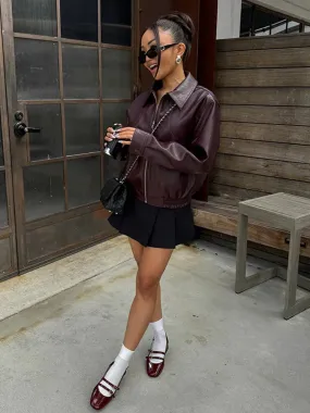 Back To School Joskaa Vintage Solid Color Lapel Zipper Leather Jacket Casual Long Sleeved Elastic Short Women Coat Fall Commuting Street Outerwears