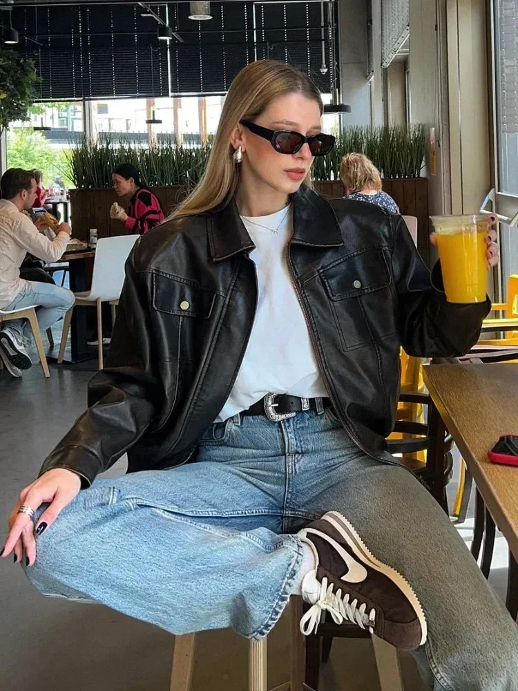 Back To School Joskaa Women Retro Button Lapel Loose Leather Jacket Fashion Solid Zipper Pockets Short Coat 2024 Autumn Lady Chic Moto Biker Outerwear