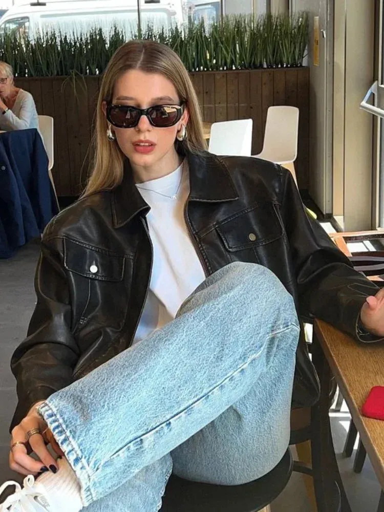 Back To School Joskaa Women Retro Button Lapel Loose Leather Jacket Fashion Solid Zipper Pockets Short Coat 2024 Autumn Lady Chic Moto Biker Outerwear