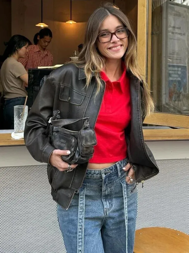 Back To School Joskaa Women Retro Button Lapel Loose Leather Jacket Fashion Solid Zipper Pockets Short Coat 2024 Autumn Lady Chic Moto Biker Outerwear