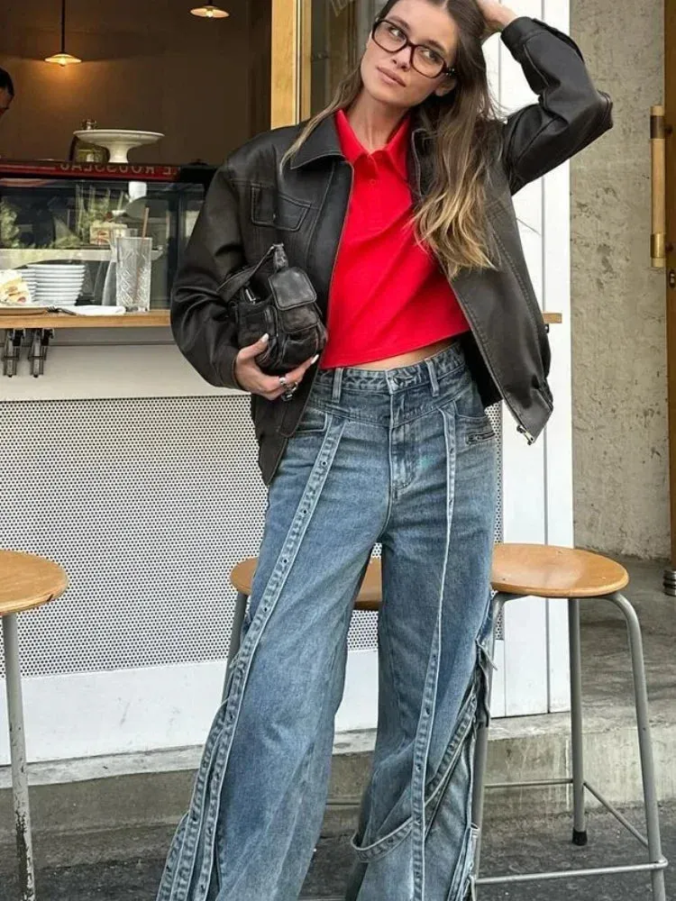 Back To School Joskaa Women Retro Button Lapel Loose Leather Jacket Fashion Solid Zipper Pockets Short Coat 2024 Autumn Lady Chic Moto Biker Outerwear