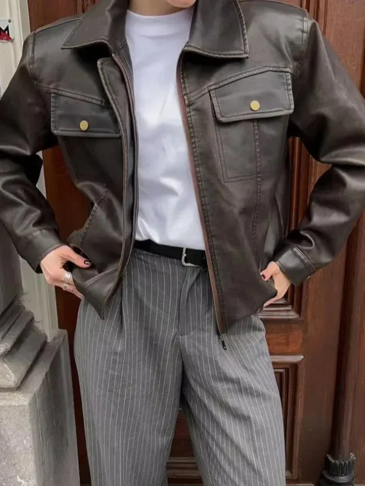 Back To School Joskaa Women Retro Button Lapel Loose Leather Jacket Fashion Solid Zipper Pockets Short Coat 2024 Autumn Lady Chic Moto Biker Outerwear