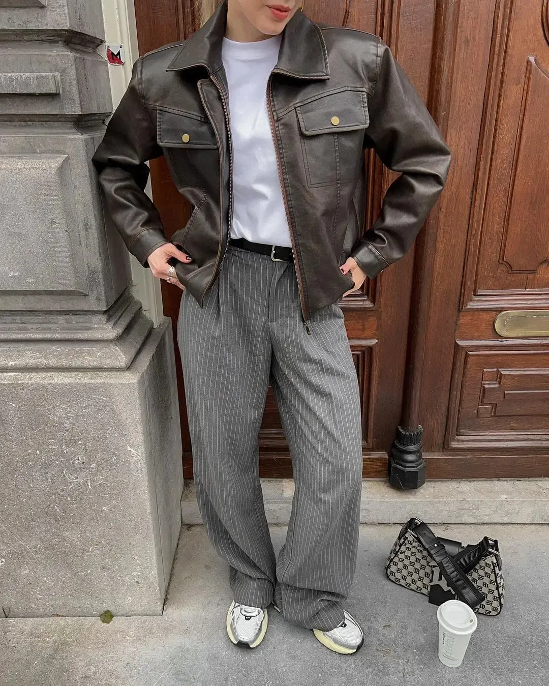 Back To School Joskaa Women Retro Button Lapel Loose Leather Jacket Fashion Solid Zipper Pockets Short Coat 2024 Autumn Lady Chic Moto Biker Outerwear