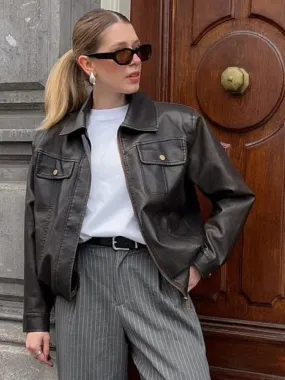 Back To School Joskaa Women Retro Button Lapel Loose Leather Jacket Fashion Solid Zipper Pockets Short Coat 2024 Autumn Lady Chic Moto Biker Outerwear
