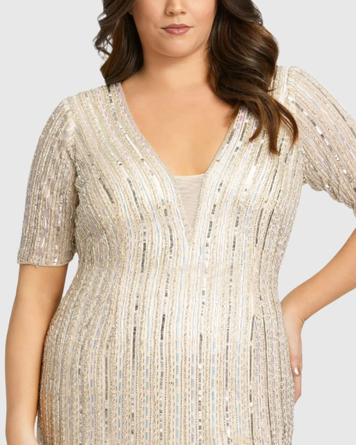 Beaded Fringe Short Sleeve Plunge Neck Gown
