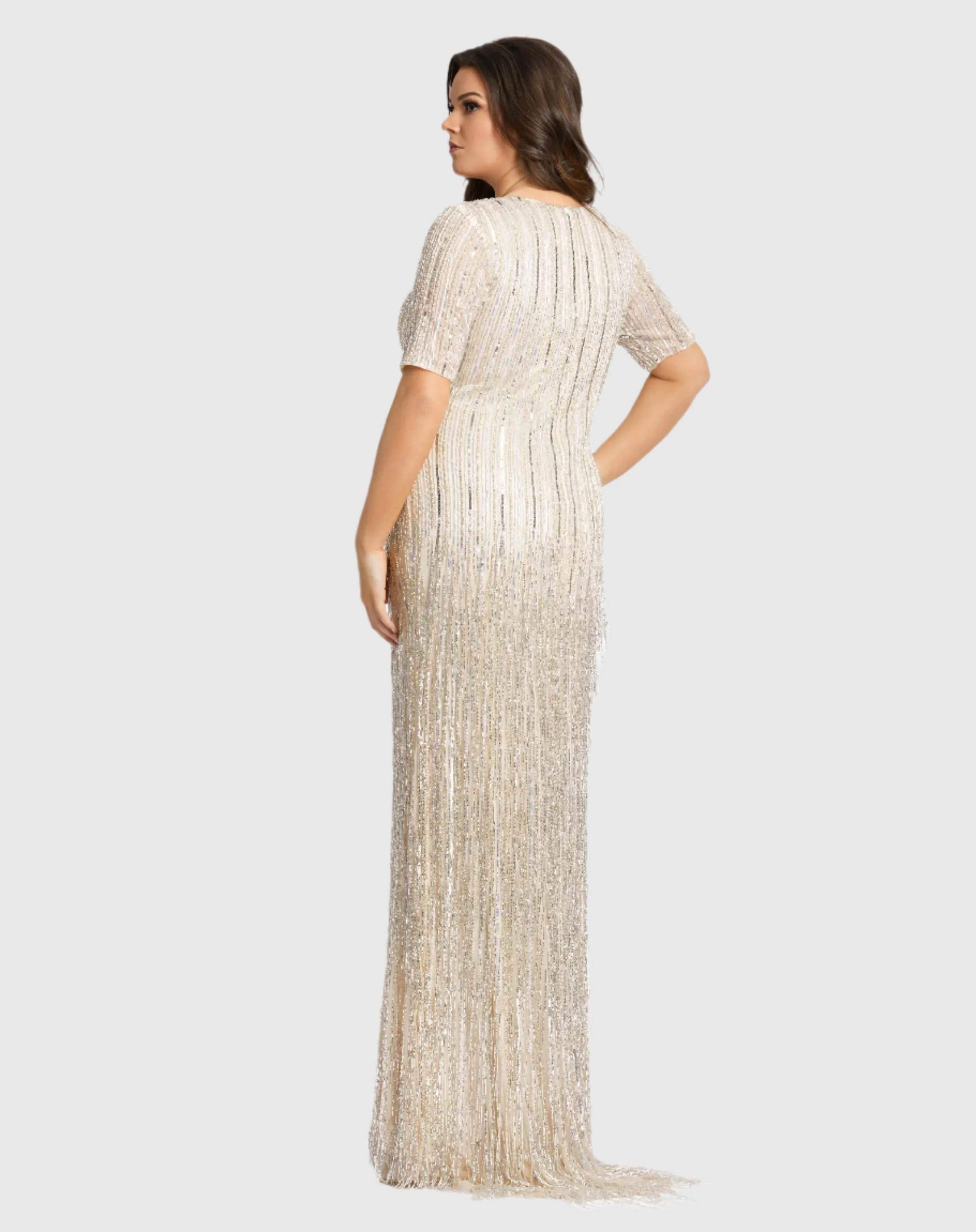 Beaded Fringe Short Sleeve Plunge Neck Gown