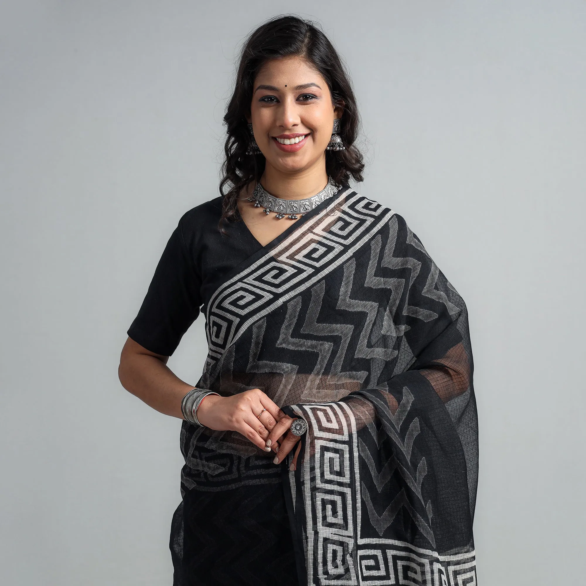 Black - Kota Doria Cotton Sanganeri Special Hand Block Prints Saree
