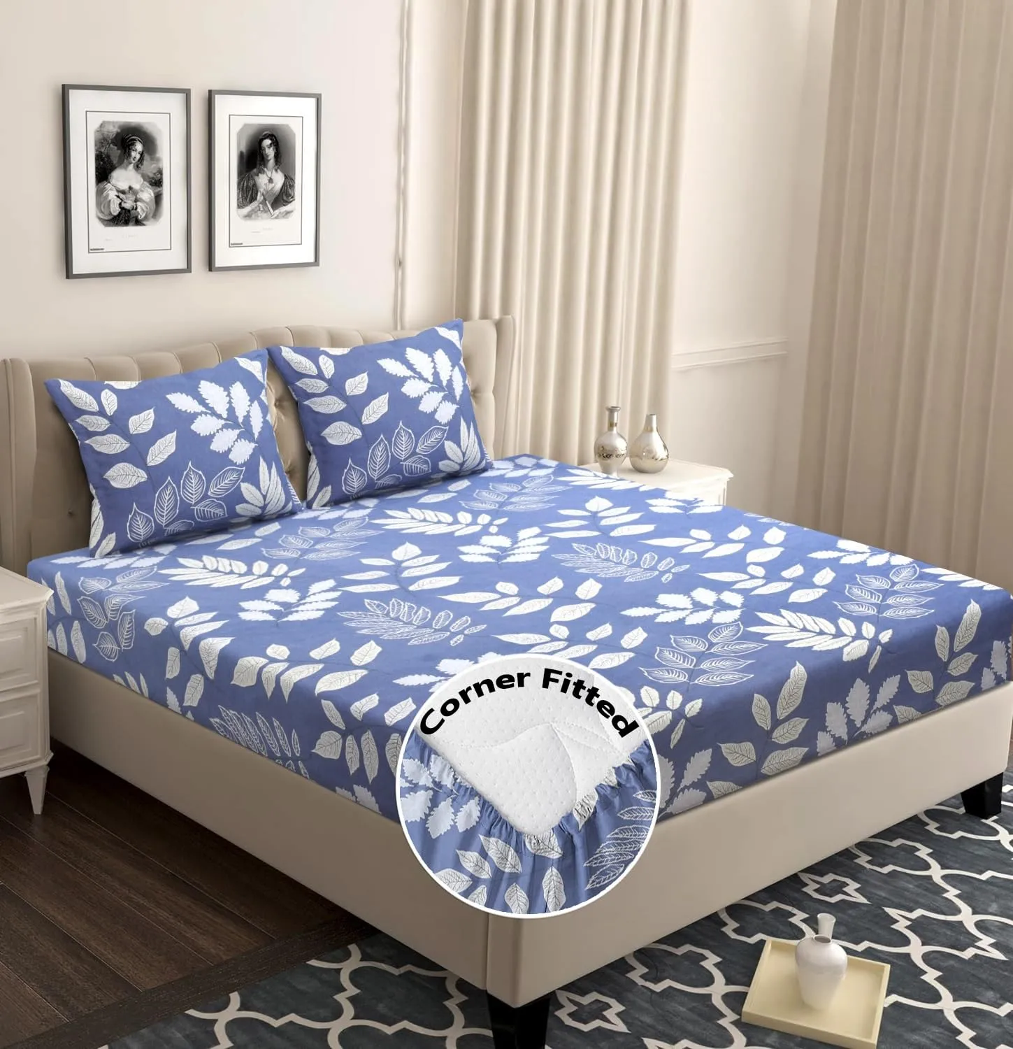 BSB HOME Cotton Rich 160tc Elastic Fitted Bedsheets with 2 Pillow Covers | Double Bed with Corner Fit Wrinkelfree Supersoft Floral Pattern Breathable |Size-72x68 6 inches | Light Grey and White