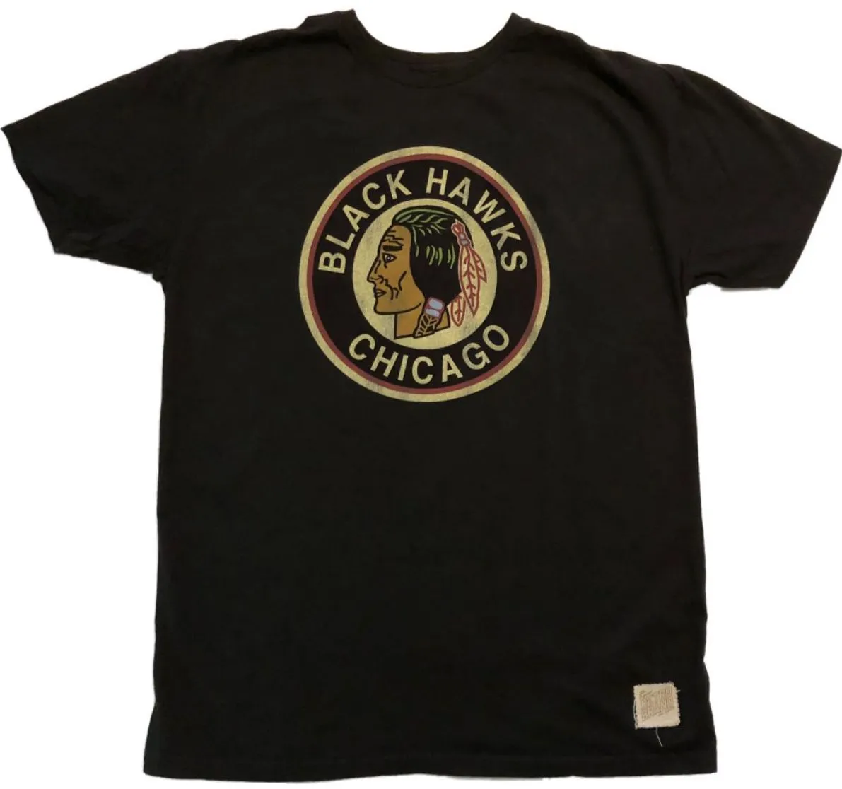 Chicago Blackhawks Retro Brand Black Semi-Faded Vintage Retro SS T-Shirt (L)