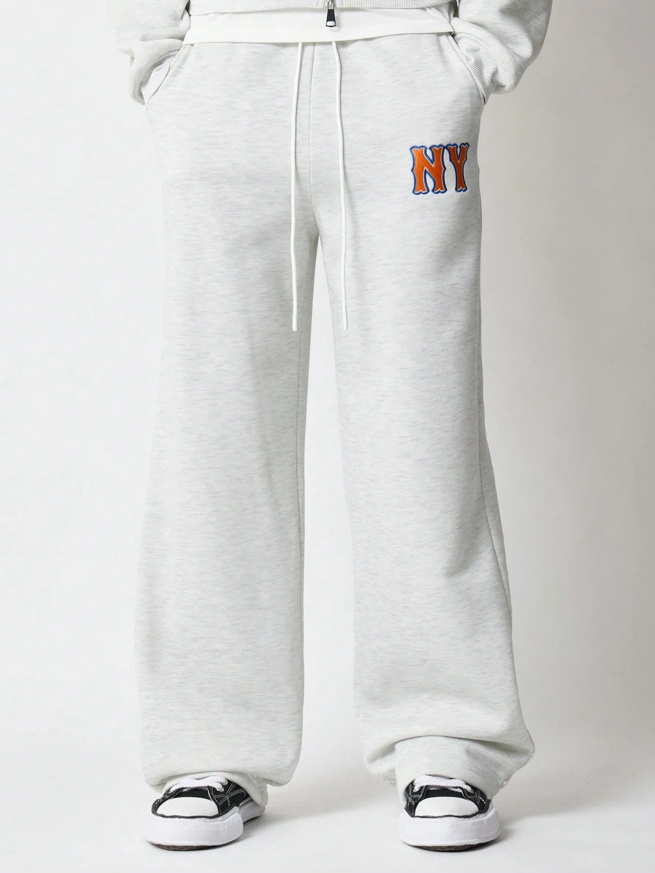 Crop Zip-Up Hoodie & Loose Fit Baggy Sweatpants With NY Embroidered & Drawcords