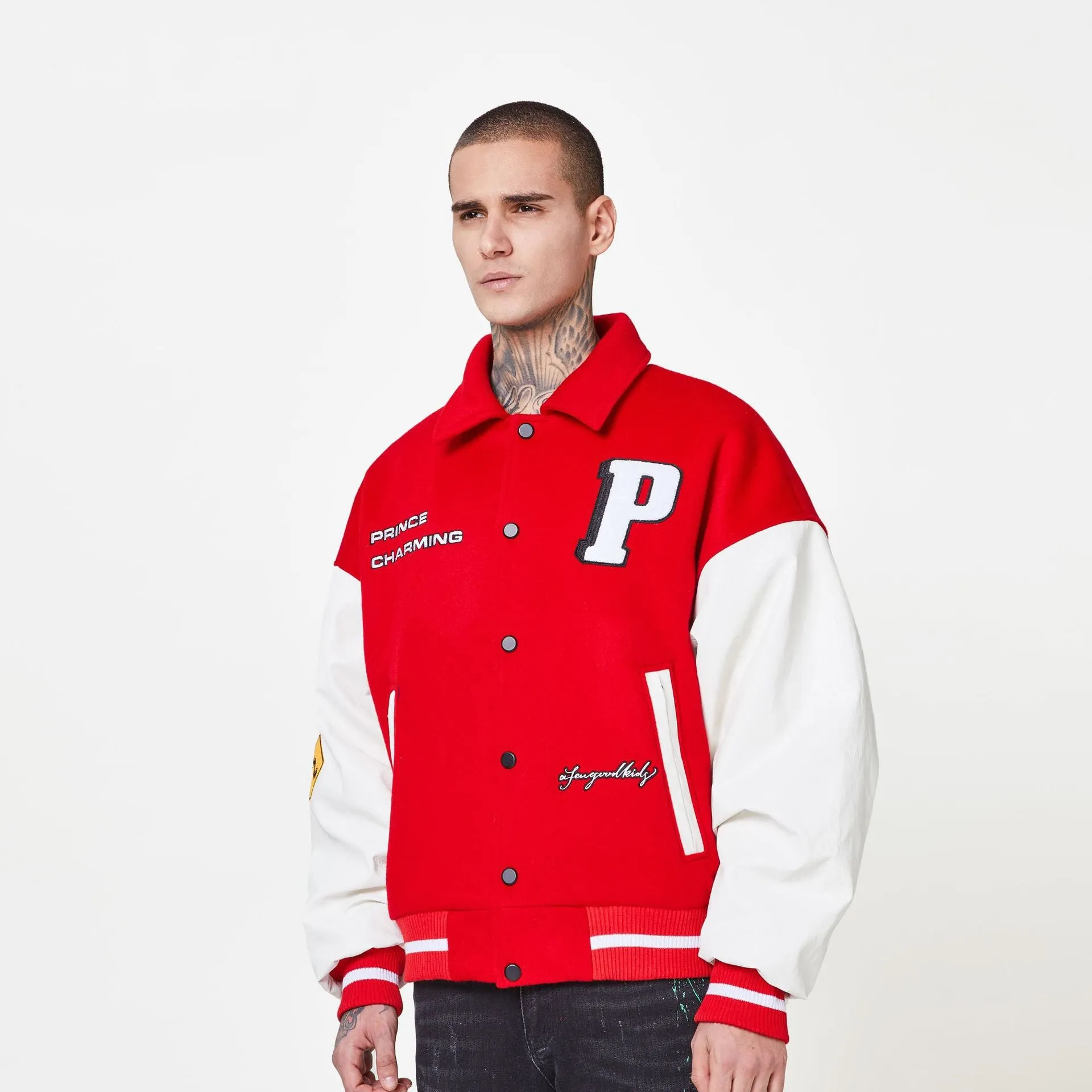 Fashion Red Bomber Jacket Unisex Coat Mens Varsity Jacket Letter Pattern PU Leather Patchwork Baseball Jacket Winter Streetwear
