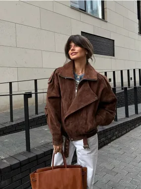 Fashionkova Lady Vintage Lapel Solid Color Zipper Short Jacket Fashion Full Sleeves Loose Casual Coat Autumn Woman New Commuter Outerwears