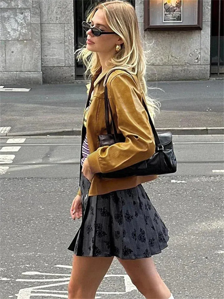 Flytonn PU Vintage Patchwork Jackets Coat Female Lapel Long Sleeve Zipper Cropped Loose Streetwear Women's Autumn 2024 Outwear New