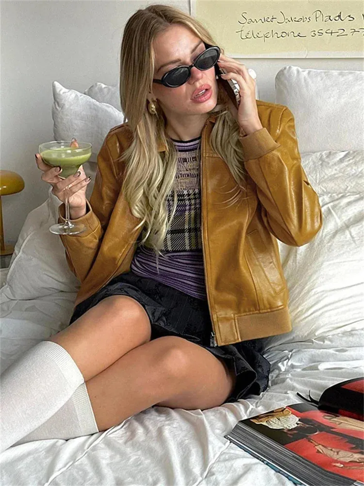 Flytonn PU Vintage Patchwork Jackets Coat Female Lapel Long Sleeve Zipper Cropped Loose Streetwear Women's Autumn 2024 Outwear New