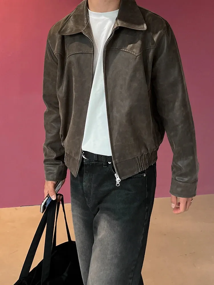 Hnzxzm Men PU Leather Jackets High Street Turn-down Collar Zipper Pockets Solid Color Male Short Coat 2024 Spring New Chic