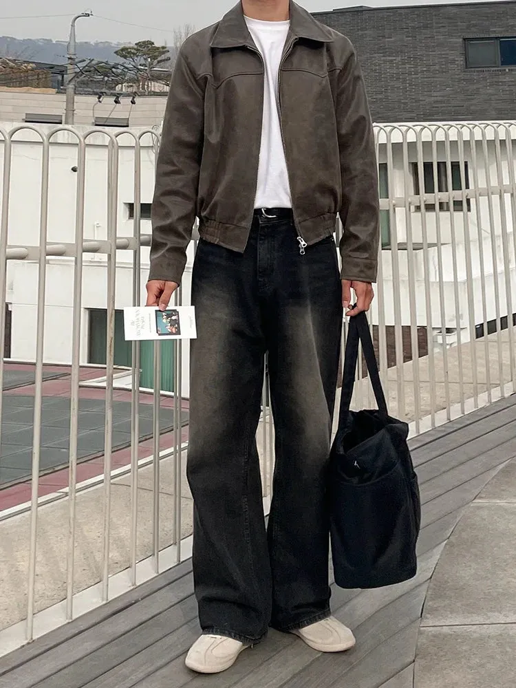 Hnzxzm Men PU Leather Jackets High Street Turn-down Collar Zipper Pockets Solid Color Male Short Coat 2024 Spring New Chic