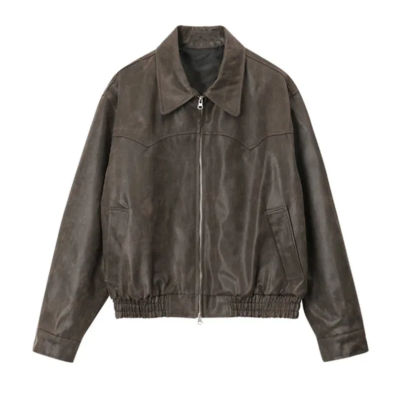 Hnzxzm Men PU Leather Jackets High Street Turn-down Collar Zipper Pockets Solid Color Male Short Coat 2024 Spring New Chic