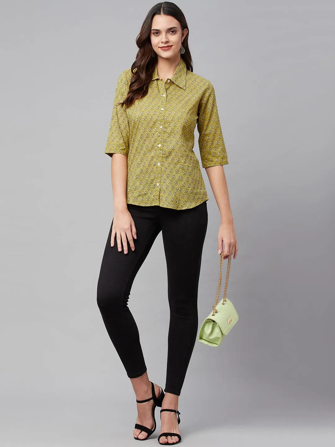 Jashvi Mehndi Green Block Printed Casual Women Shirts