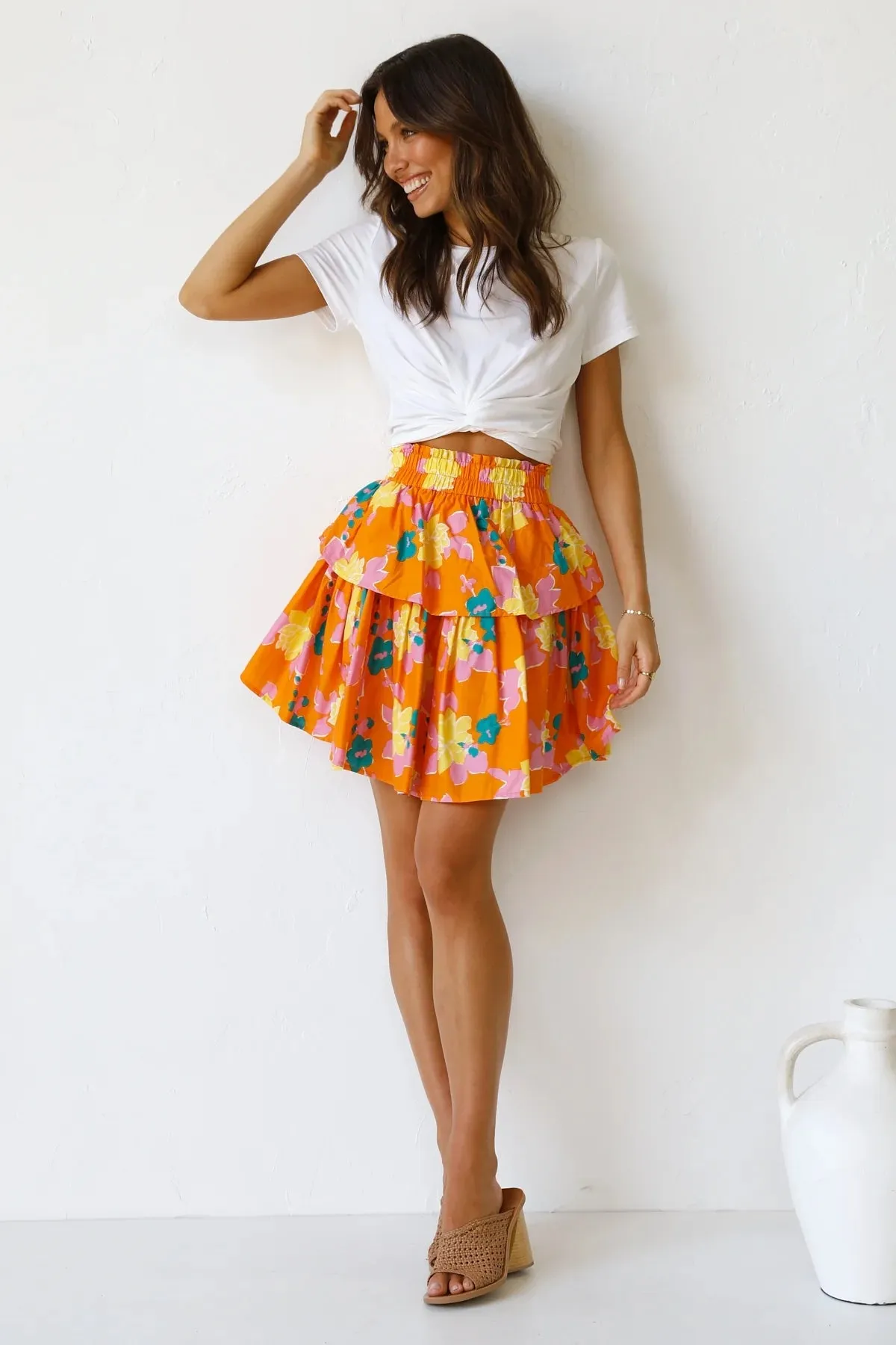 Orange Floral Mini Skirt