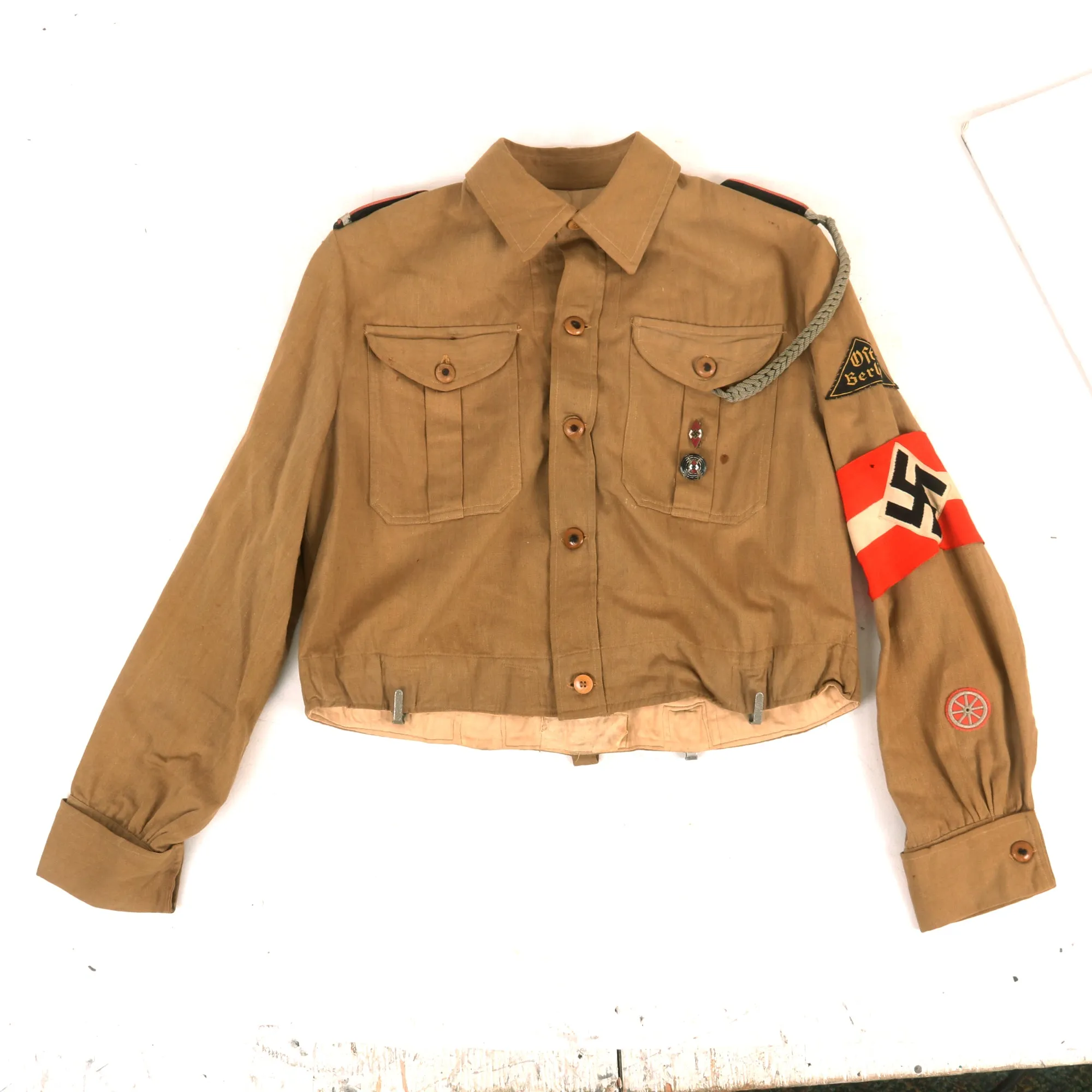 Original German WWII HJ Youth East Berlin Motor HJ Oberkameradschaftsführer Uniform Tan Shirt with Scarf & Armband - Bann 200