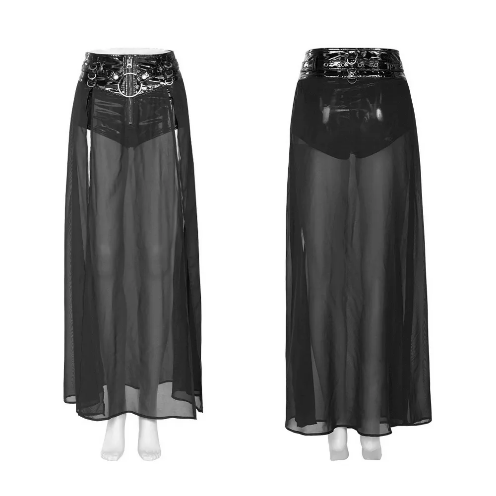 Punk Half Skirt with Adjustable Belt and Chiffon Overlay