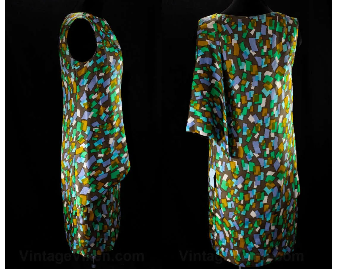 Size 8 Silk Dress - 1960s Ticker Tape Novelty Print Sheath - 60s Jade Green Blue Goldenrod Brown Asymmetric Shift - Grecian Drape - 46842