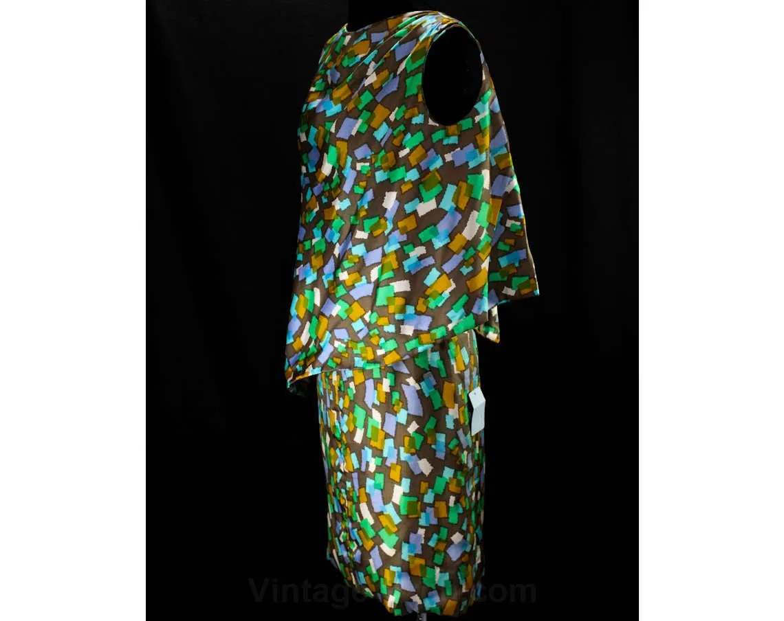 Size 8 Silk Dress - 1960s Ticker Tape Novelty Print Sheath - 60s Jade Green Blue Goldenrod Brown Asymmetric Shift - Grecian Drape - 46842