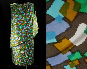 Size 8 Silk Dress - 1960s Ticker Tape Novelty Print Sheath - 60s Jade Green Blue Goldenrod Brown Asymmetric Shift - Grecian Drape - 46842