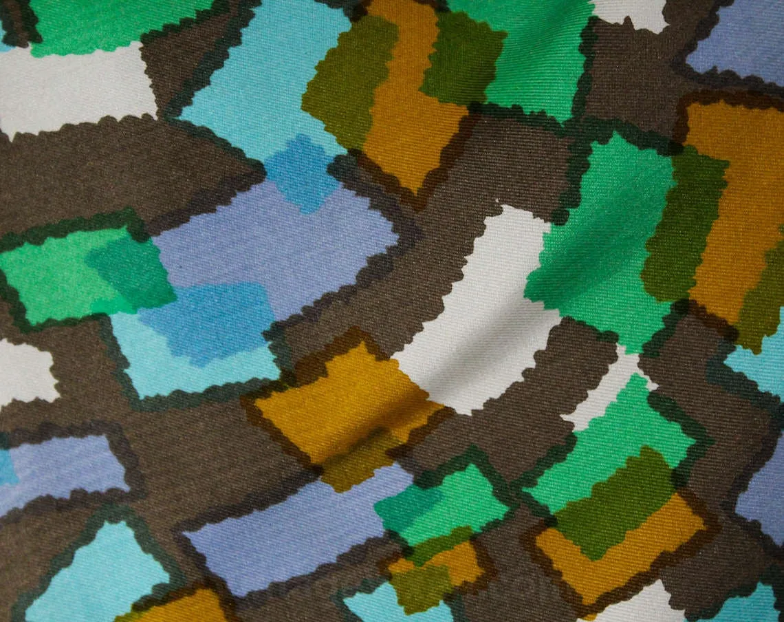 Size 8 Silk Dress - 1960s Ticker Tape Novelty Print Sheath - 60s Jade Green Blue Goldenrod Brown Asymmetric Shift - Grecian Drape - 46842