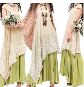 Summer new women's irregular loose long skirt embroidery fake two large swing short-sleeved cotton and linen dress