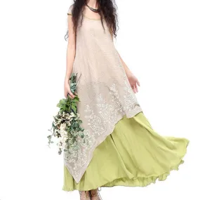 Summer new women's irregular loose long skirt embroidery fake two large swing short-sleeved cotton and linen dress