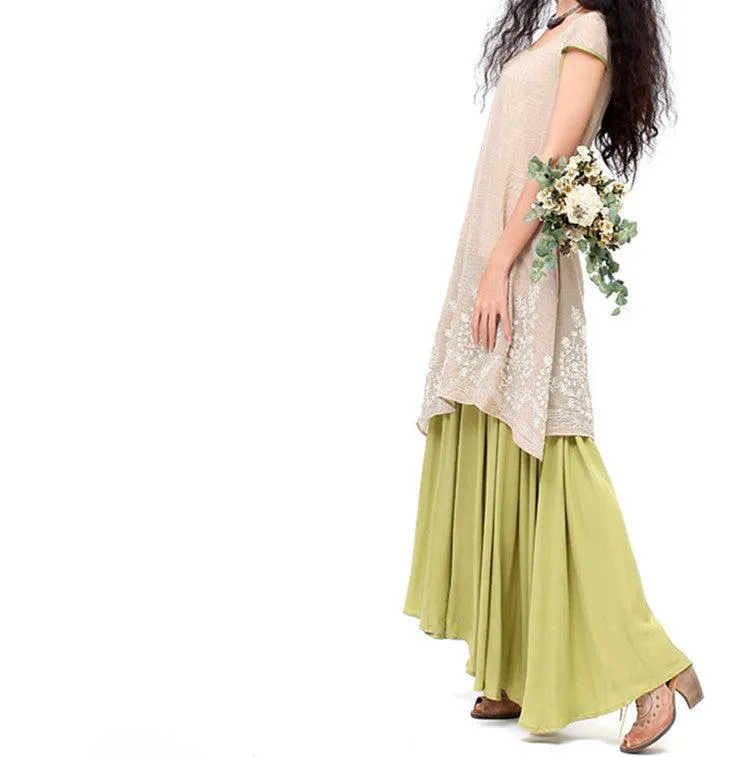 Summer new women's irregular loose long skirt embroidery fake two large swing short-sleeved cotton and linen dress