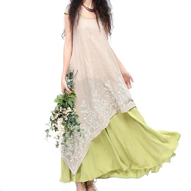 Summer new women's irregular loose long skirt embroidery fake two large swing short-sleeved cotton and linen dress